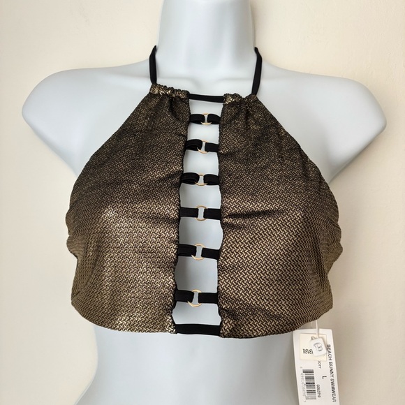 Beach Bunny Pirates Booty High Neck Halter Swim Top Size Large NEW Gold Black - Picture 2 of 12